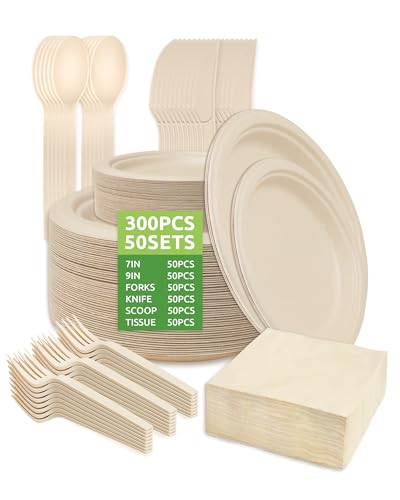 BSDPREF 300Pcs Disposable Paper Plates Set, Compostable Plate Sugarcane Utensils Eco Friendly Dinnerware Kit Includes 50 Biodegradable Plates, Forks, Knives and Spoons BSDPREF 300Pcs Disposable Paper Plates Set, Compostable Plate Sugarcane Utensils Eco Friendly Dinnerware Kit Includes 50 Biodegradable Plates, Forks, Knives and Spoons