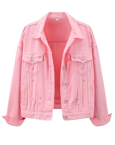 LifeShe Jean Jacket Women Rhinestone Denim Jacket Casual Sparkly Shacket Coats