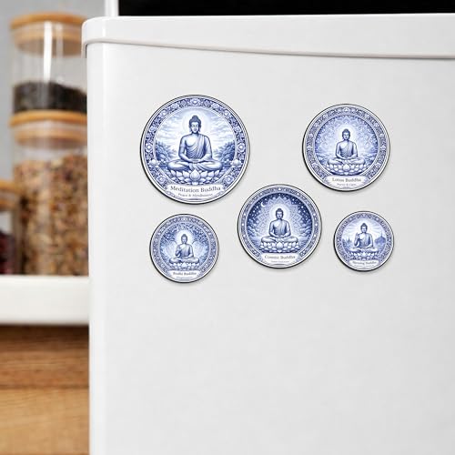 Image of Regalo Casila Blue Buddha Art Fridge Magnets Set of 5 Wooden Refrigerator Magnets Spiritual Decorative Kitchen Magnets Souvenir Gift Set Strong Magnetic Home Decor