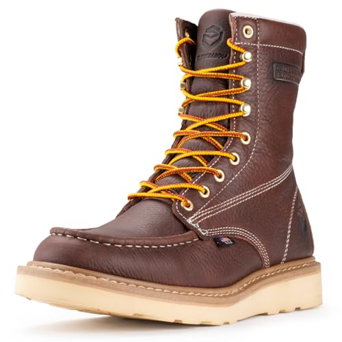 SUREWAY Mens 8 in Wedge Moc Soft/Steel Toe Work Boots for Men,Full-Grain Leather,Industrial Construction Boots/Shoes for Women,Soft Toe Dark BROWN,Size 10.5
