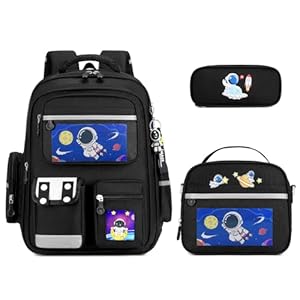 Amythe Schulranzen Jungen Rucksack Kinder, 3 Teilig Schulrucksack mit Lunchpaket Mäppchen, Schultasche für Jungen 2. bis 5.Klasse für die Schule Reisen mit Mehreren Fächern -Schwarz