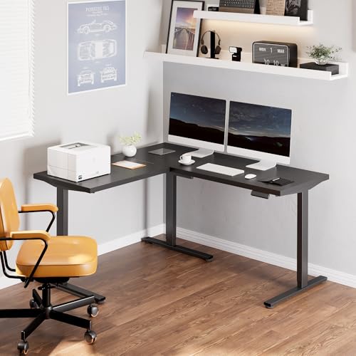 Image of FLEXISPOT L Shaped Standing Desk, 63 x 55 Inch Electric Height Adjustable Corner Desk, Sit Stand Computer Workstation, Preset Controller, Home Office, Black Frame with Black Top
