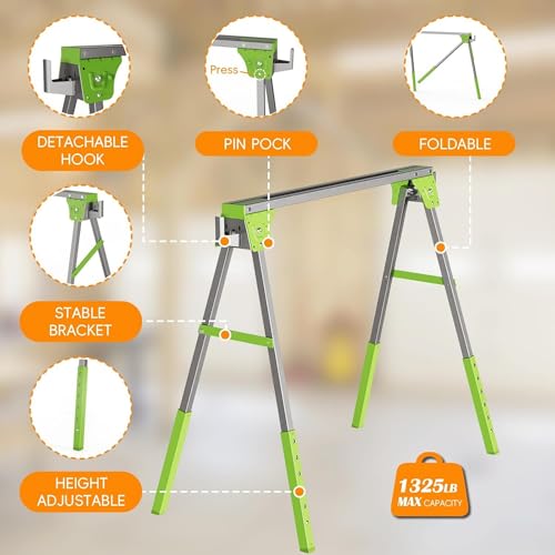 Image of Adjustable Height Sawhorse 2 Pack, Folding Portable Saw Horses with 30-34 inch Adjustable Legs, Heavy Duty Steel Pro Bench Saw Horse for Woodworking, Carpenters, Contractors, Fully Assembled (green)