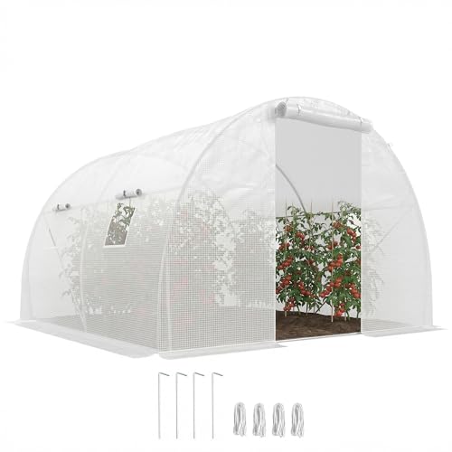 Outsunny Serre de Jardin Tunnel 9 m² 3L x 3l x 2H m - 4 fenêtres, Porte zippée Enroulable - châssis Tubulaire Acier galvanisé, bâche PE Haute densité Blanc