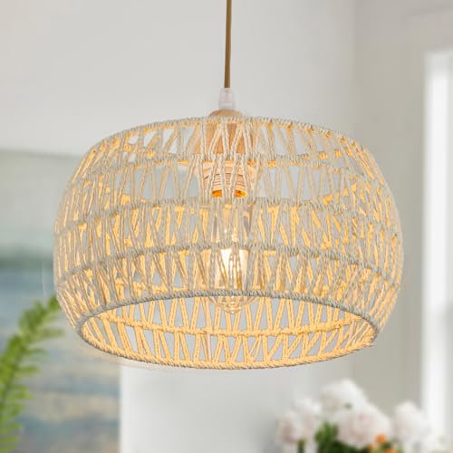 OCWHT Rattan Pendant Light Fixture,Basket Chandelier Hanging Lights,Cream White Boho Drum Lighting Flush Mount Ceiling Lights Woven Wicker Chandeliers for Kitchen Island Dinning Hallway Bedroom