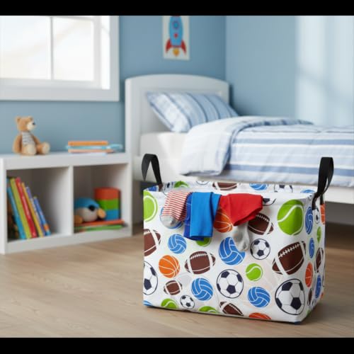 Image of Football Storage Basket Empty, Waterproof Football Storage Bins Organizer, Foldable Closet Shelf Baskets with Handles for Home Office Dorm Closet Shelf