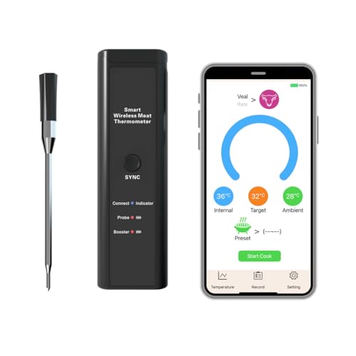 Smart Wireless Meat Thermometer – Probe, Booster Battery, IPX7 Waterproof, 1-2s Response, ±1.0°C Precision, 500ft Range – Ideal for BBQ, Kitchen, Grill, Smoker – Bluetooth, Charging Dock, USB C