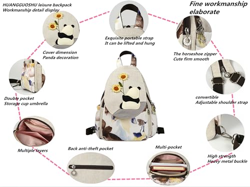 Image of Small Canvas Backpack, Retro Boho Washed Hippie for Women Daily Commute (Panda Decorations)