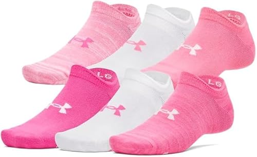 Under Armour Unisex Essential No Show Socks 6 Pack, (672) Super Pink/White/White, Medium