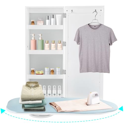 WUSILILU Wall Mount Ironing Board Cabinet, Built-in Swivel Ironing Board Foldable with Storage, Wall Hanging with Mirror, White for Edrooms, Checkrooms, Small Houses, Sewing Rooms, Bedrooms