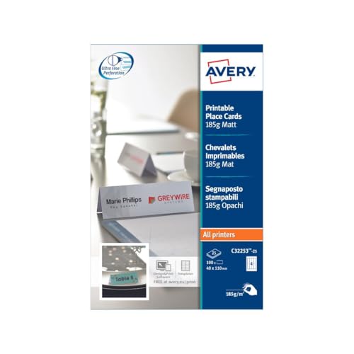 AVERY Zweckform C32253-25 Tischkarten (100 Stück, 185g, 110x40 mm, blanko, beidseitig bedruckbar,...