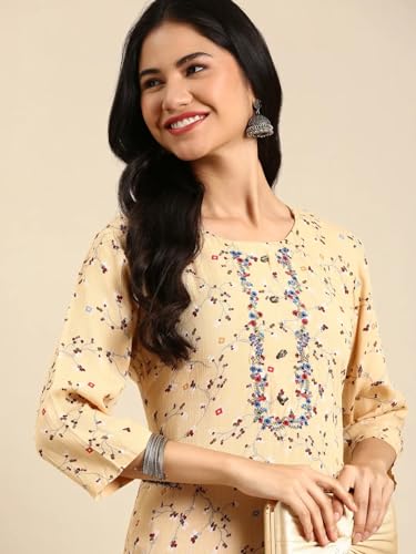 Image of SHOWOFFFF Women Printed Straight Fusion Kurta | Round Neck 3 /4th Sleeves Cotton Kurta for Womens | Regular Fit Calf Length Kurta for Women's
