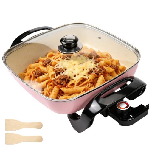 I-Keukenn 12 Ceramic Nonstick Electric Skillet with Tempered Vented Glass Lid Scratch-Resistant Surface Cool-Touch Handles Removable Easy-to-Clean Design 1200W Vibrant Pink
