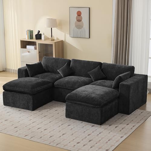 Image of 115'' Cloud Boneless Sectional Couch, Modular Sectional Sofa Deep Seat with 2 Ottomans, Oversized Upholstered Convertible Comfy 5 Seater Chenille Sofa U Shape Couches for Living Room, Dark