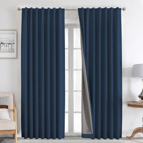 Joydeco Blackout Thermal Lined Curtains 55x94 Inch Drop 2 Panels with Back Tabs & Rod Pocket, 100% Light Blocking Linen Texture Fabric Curtain Drapes for Living Room Bedroom
