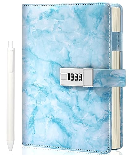 CAGIE Marble Diary with Lock for Girls and Women, Waterproof Journal with Lock 192 Pages Secret Girls Locked Diary with Pen, Password Locked Journals for Teen Girls, A5 Blue2