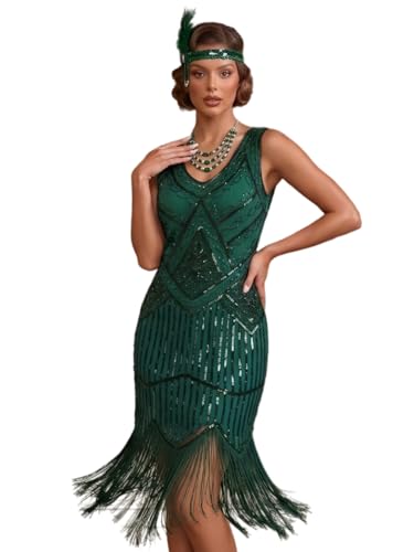Image of Plus Size 1920s Vintage Fringed Gatsby Sequin Beaded Tassels Hem Flapper Dress for Women