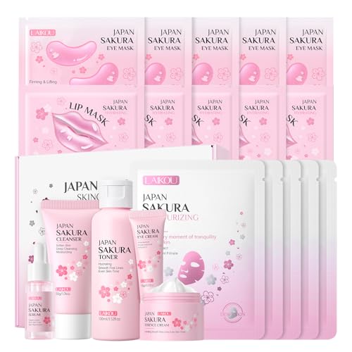 LAIKOU SAKURA Skin Care, Skin Care Set, Face Mask, Eye Mask, Lip Mask with Serum, Cleanser, Toner, Eye Cream, Essence Cream for Women Teen Girls Mom Daughter Mother's Day Christmas Birthday