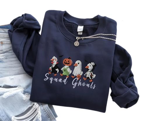 Funny Spooky Goose Embroidered Sweatshirt, Halloween Duck Crewneck, Cute Ghost Goose Sweater, Cozy Fall Pullover, Autumn Gift Shirt Multi