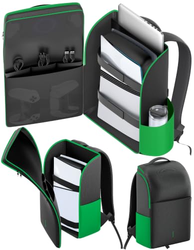 LVVIL Backpack for P5/ Slim/ Pro Console, Fully Zip-Open P5 Carrying Case Travel Bag, Large Capacity P 5 Storage Bag for Dual Controllers,P S Portal, Laptop, Game Cards, with 3 Cable Pouch, Green