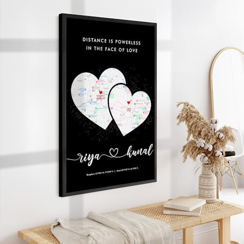 Image of Ritwika's Personalized Picture Frame With Long Distance Map Black - Customize With Your Name, Message And Place | For Couples and Friends | In Two Size 9.5 x 13.5 & 13.5 x 19.5 Inch, Set of 1