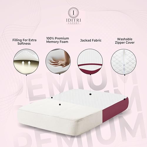 Image of Memory Foam Cervical Pillow Set of 2, Ergonomic Contour for Neck Pain Relief, Breathable Jacquard Fabric in White and Maroon, Orthopedic Bedding for Side,50x30x6 cm