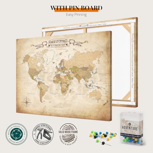 Image of DECORARTS - Large World Travel Map with Pins, Pin Board Canvas Wall Art, Antique Vintage Old World Maps for Wall, Giclee Print, Handcrafted in USA, 35x28''
