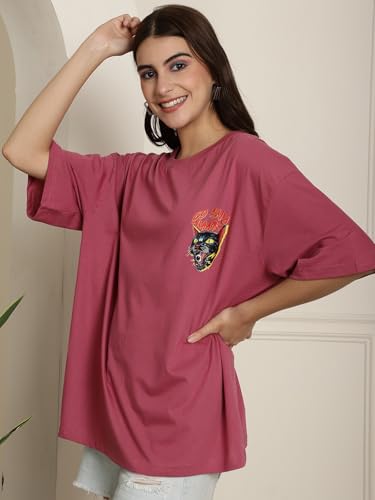 Image of Preneum Women's Cotton Graphic Printed Baggy Fit Drop-Shoulder Sleeves Cotton Oversized T-Shirt
