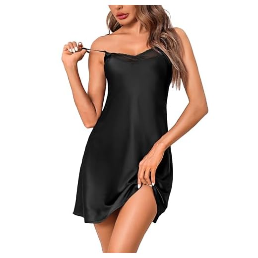 Jezonga Nuisette Femme Satin Sexy Chemise de Nuit Dentelle Col en V Bretelles Réglables Robe de Nuit Ete Noir XL