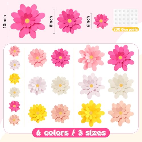Image of MotiMind 18 Pcs Paper Flowers Decorations for Wall DIY Flower Bulletin Board 3D Paper Floral Backdrop Decoration Photo Backdrop Classroom Back to School Birthday Party(Elegant Color,6 inch 8 inch 10 inch)