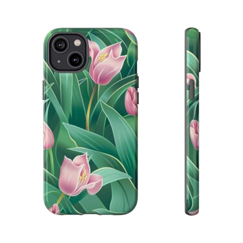 Coque rigide brillante motif floral tulipe rose résout les rayures sur iPhone 14 Plus