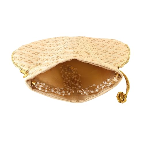Image of Handcrafted Potli Purse with Golden Floral Embroidery and Pearl Accents