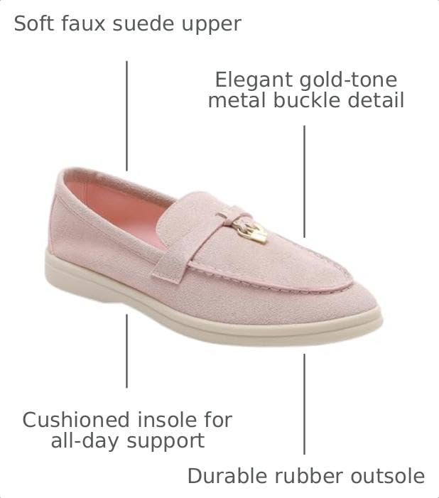Image of Women's Faux Suede Loafers Fashion Slip On Comfort Flat Shoes Lightweight Breathable Non-Slip Casual Walking Shoes with Metal Buckle for Daily Office Travel Outdoor