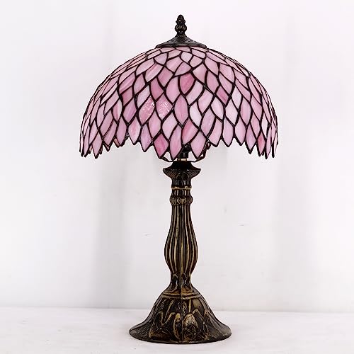 Image of WERFACTORY Tiffany Table Lamp Pink Wisteria Style Stained Glass Desk Light