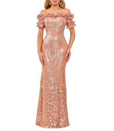 Image of dasmzper Women Sexy Sequin Off Shoulder Ruffle Short Sleeve Bodycon Mermaid Party Formal Evening Maxi Dress