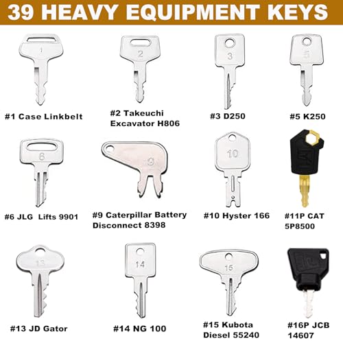 Image of 39 Heavy Equipment Keys Master Set, Construction Machine Operator Ignition Key Set for Caterpillar Bobcat JD Case JLG JCB Volvo Hyster Ford New Holland Yanmar Takeuchi Kubota Komatsu Toyota Hitachi