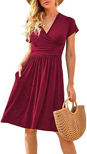 Leezepro Damen-Sommerkleid mit kurzen Ärmeln, mit Tasche aus V-Ausschnitt, Mi-Lang, Plissee, schick, elegant, bedruckt, lässig, Strand, rot, Small Cover