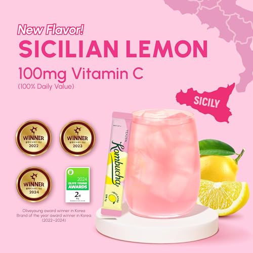 Image of TEAZEN Sicily Pink Lemon Kombucha Powder, Hydration Drink Mix, Sugar Free, Live Probiotics & Prebiotics, On-the-Go 10 Packets, 1.76oz