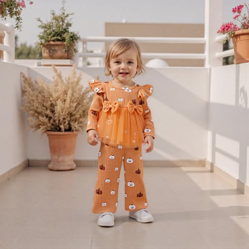 VISGOGO Toddler Girl Halloween Smocked Outfits Pumpkin Print Long Sleeve Tops +Pants Thanksgiving Clothes 2 Pcs Set2