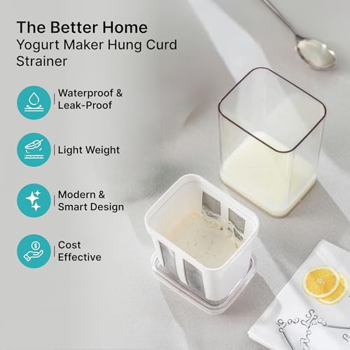 Image of The Better Home Greek Yogurt Maker 1100ml | Hung Curd Strainer | Yogurt Strainer Box | Stainless Steel Mesh |Fine Mesh Strainer with Lid |Homemade Yoghurt| Kitchen Tool