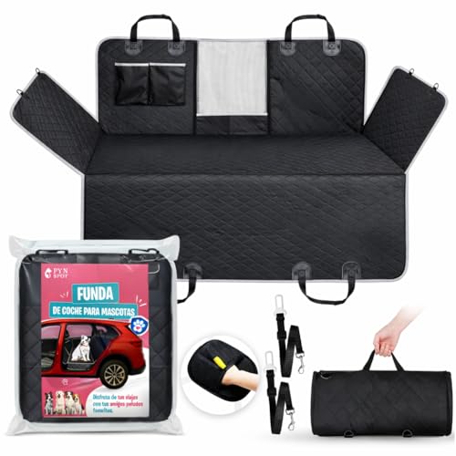 PYN Spot® Funda Coche Perro Asiento Trasero Impermeable 600D Antideslizante | Protector para Mascotas con Ventana de Malla, Solapas Laterales y Ajuste Universal
