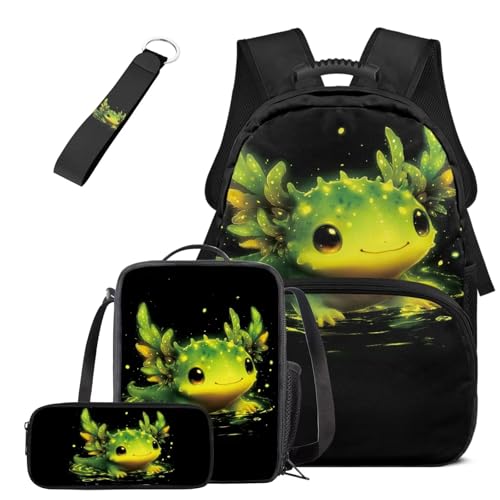 HUGS IDEA Cute Axolotl Kids Backpack for Boys 4 Piece School Bookbag with Lunch Box for Boys Lightweight School Bag for Boys 17 Inch Elementary Backpack with Lunchbox Casual Daypack