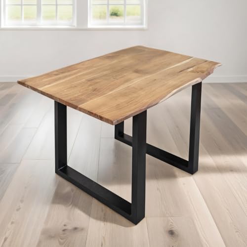 trelevo Esszimmertisch 120x80 cm, Akazienholz massiv 26mm, Tischplatte naturfarben, echte Baumkante, U-Gestell schwarz, Baumkantentisch