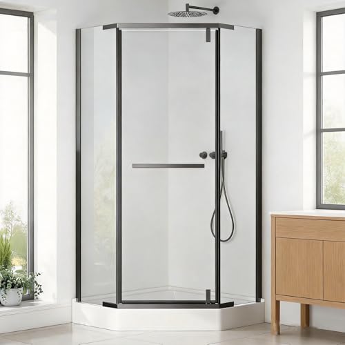 Neo-Angle Shower Door Kit 36W x 72H 1/4 6mm Corner Shower Kit with Shower Base Frameless Glass Shower Doors Shower Enclosure with Explosion-Proof Film Clear Tempered Glass Matte Black