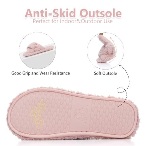 Image of GOEWY Fuzzy Open Toe Slippers for Women Cozy Memory Foam House Shoes Indoor | Cute Cross Band,Soft Faux Fur,Anti-slip Sole Outdoor,Machine-washable,Lightweight,Slip on Gifts for Women,Mom and Bridesmaid