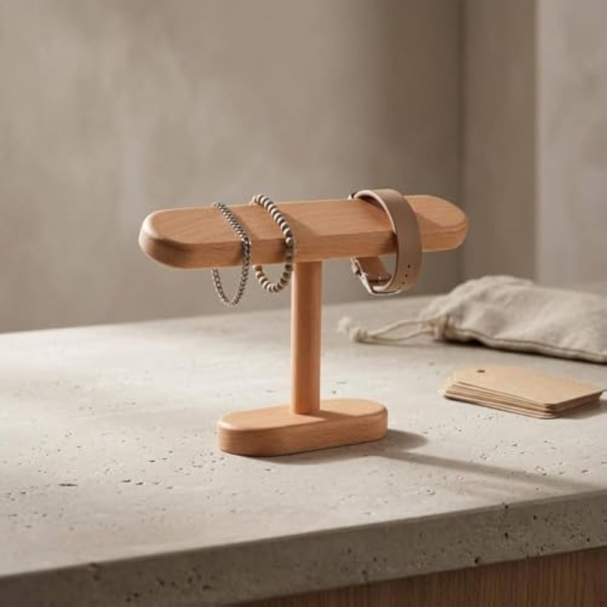 Tall T-Shaped Jewelry Stand, Natural Beech Wood