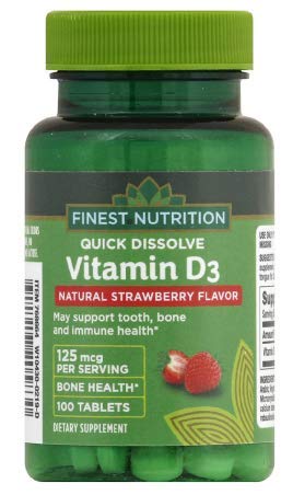 Finest Nutrition Vitamin D3 125 mcg Quick Dissolve Strawberry Flavor 100 Tablets