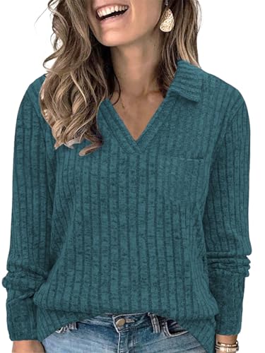 VISLILY Womens-Plus-Size-Tops Collared V Neck Polo Shirts Lightweight Long Sleeve Sweaters Trendy Pocket Decor Tunic Blouses