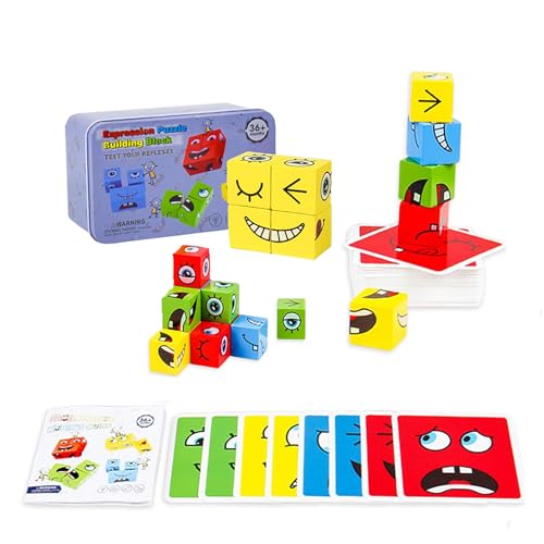 Puzzle Building Blocks,Puzzle di Espressione del Viso,Cubo di Legno Abbina il Puzzle di Espressione ai Blocchi Gioco Cubi Divertente Gioco Tavolo Montessori Educativi Matching Blocks per Bambini