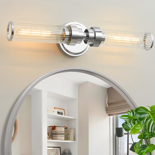 Image of Bathroom Light Fixtures, Chrome Wall Sconce in Threaded Glass Indoor Vanity Lights, Modern Bathroom Vanity Light Up and Down Sconces Wall Lighting for Bathroom, Living Room - Bulb Not Included